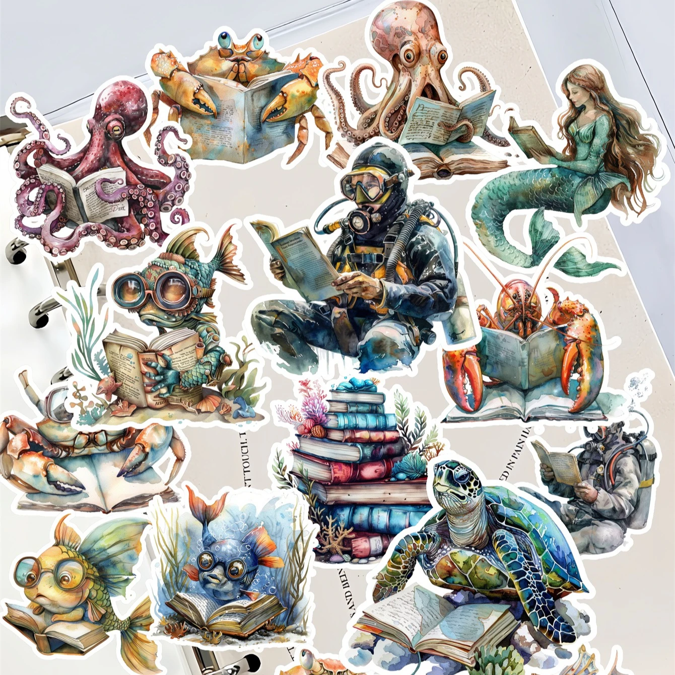 18pcs Cute Underwater World Marine Biology Books Reading Decorative Stickers Journal Scrapbooking DIY Album Style Stationery