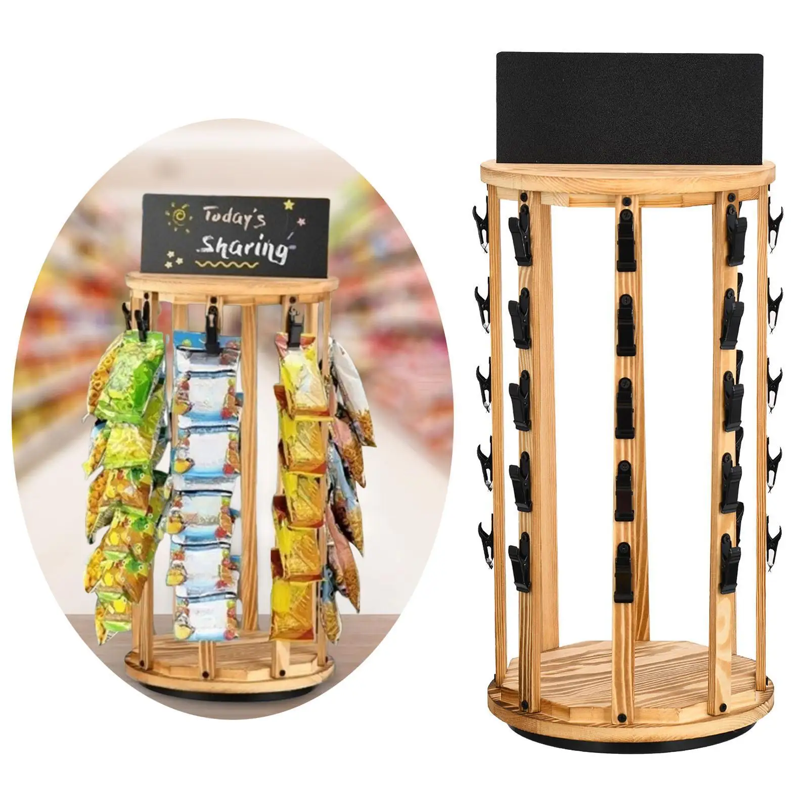 

Chip Rack Display Stand with 40 Clips 360° Rotating Wooden Base 5 Tiers Snack Organizer for Office Desk Pantry Countertop Party