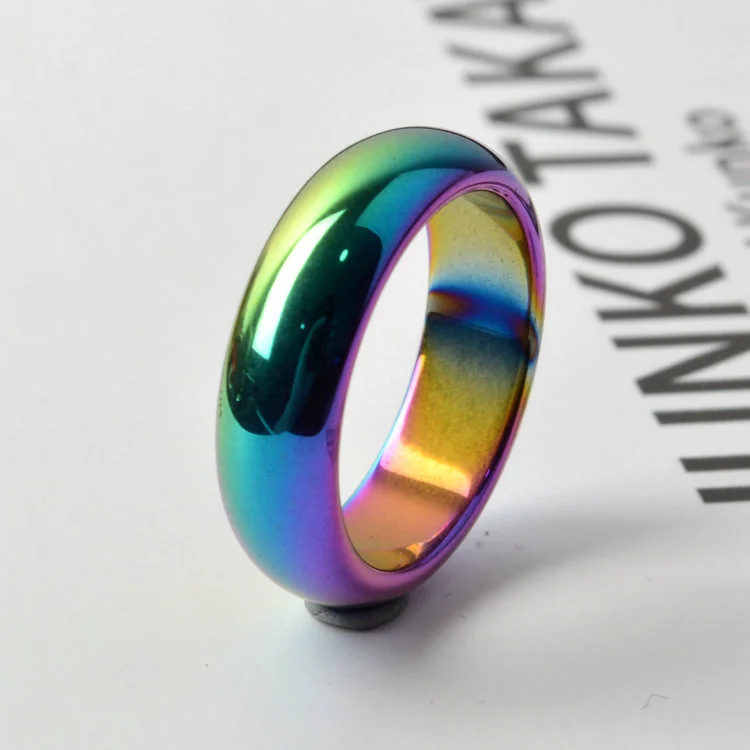 Wholesale 50pcs Rainbow Color Plated 6mm Width Hematite Band Rings US Size #6~#12 For Man Women Fashion Party Boys Jewelry