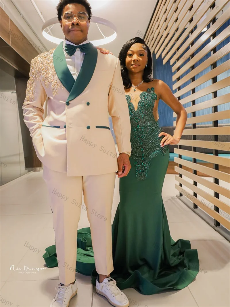 Zestaw garniturowy męski khaki z koralikami, 2-częściowy: marynarka + spodnie, elegancki garnitur do biura, jesień, garnitur ślubny dla pana młodego, smoking, marynarka szyta na miarę