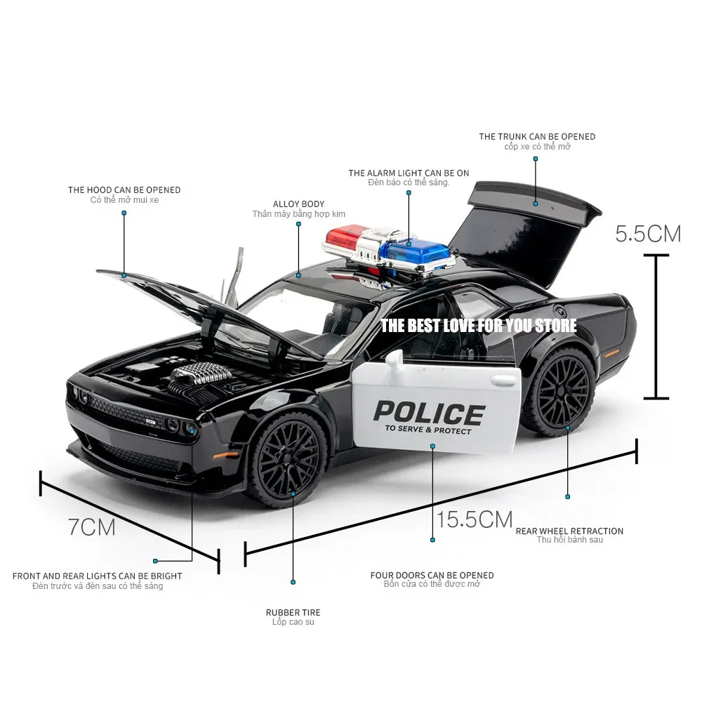 1:32 Dodge Hellcat Poloce Toy Car Die Cast Metel Cars Toy Pull Back Hellcat Model Cars with Sound and Light Hellc for Kids
