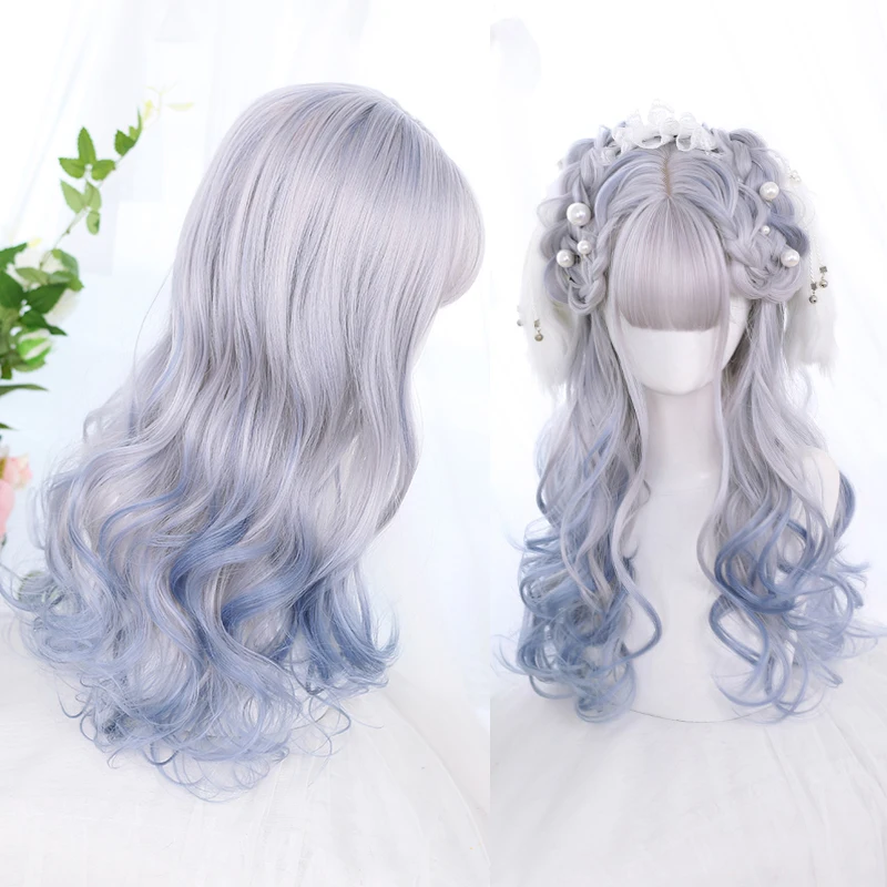 

GAKA Lolita Synthetic Wig For Women Grey With Blue Wig Cosplay Halloween High Temperature Fiber