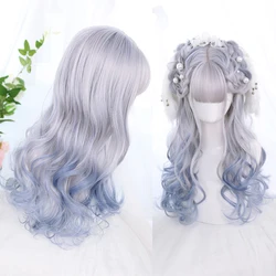 GAKA Lolita Synthetic Wig For Women Grey With Blue Wig Cosplay Halloween High Temperature Fiber