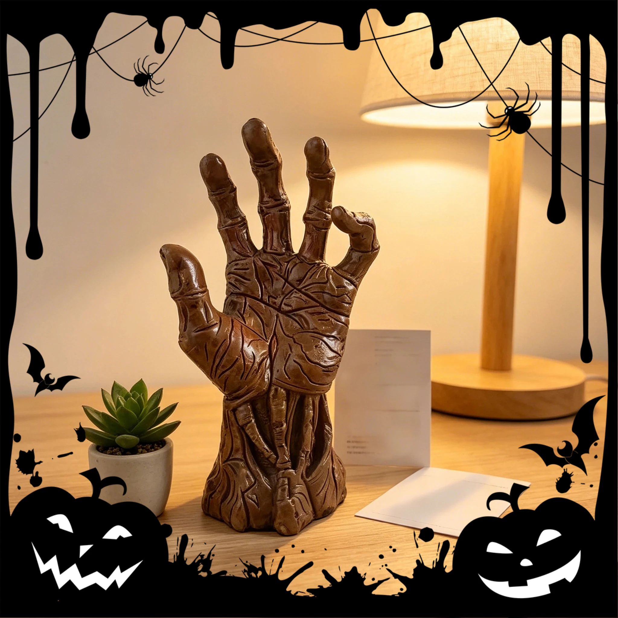 Gothic Halloween Skeleton Hand Statue Satan Demon Skull Hand Sculpture Haunted House Party Decor Tabletop Home Accent Prop