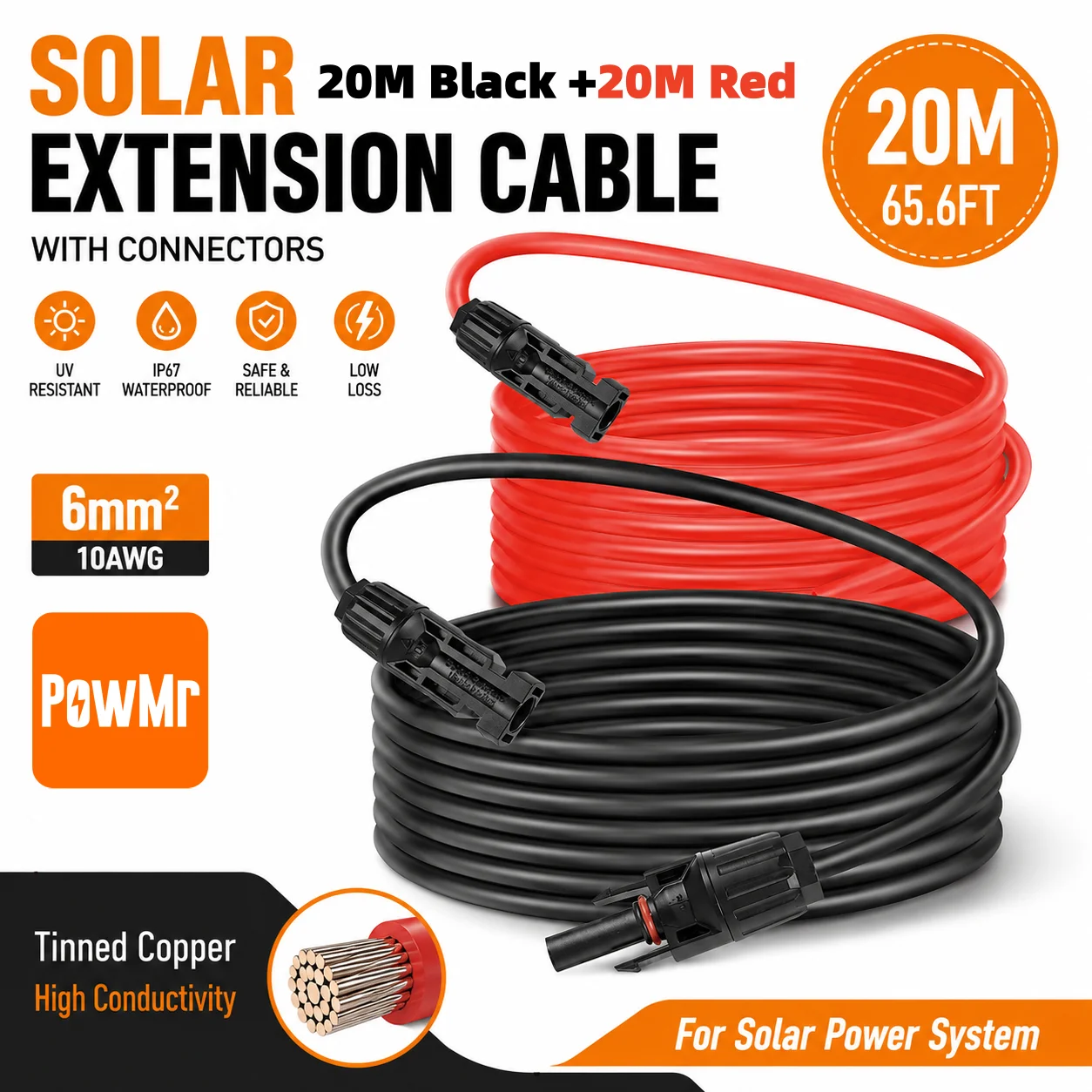 PowMr 10AWG 6mm² Solar-PV-Kabel 20M mit Steckern 20M Rot+20M Schwarz für Solarpanel-System Photovoltaik-Verlängerungskabel – Detail 1