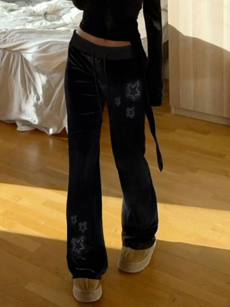 Hot Drilling Star Flare Pants Women Y2k Clothes Low Rise Trousers Black Pantalones De Mujer Lace-up Roupas Femininas Streetwear