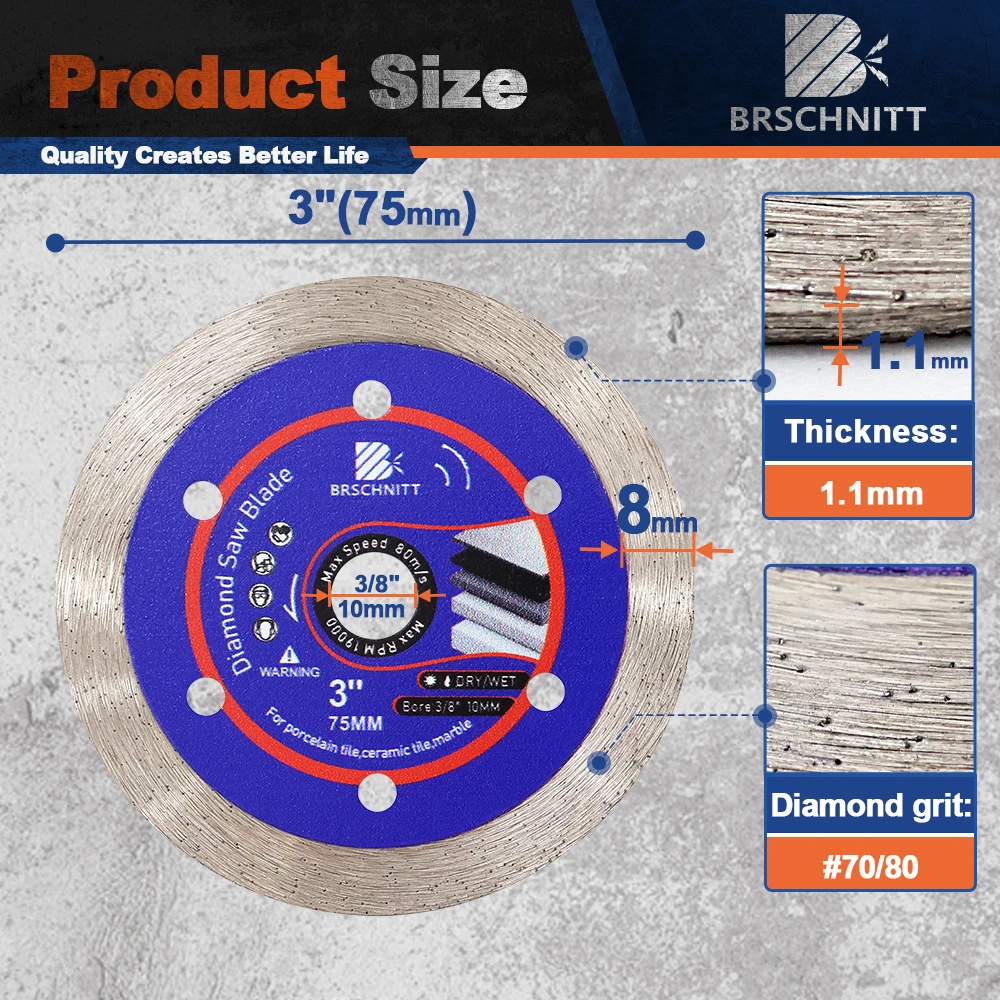 BRSCHNITT  1/3/5pcs Tile Cutter 75mm Mini Saw 3inch Continuous Tooth Ceramic Saw Blade for Tile Marble Granite Bore 10mm Dry Wet