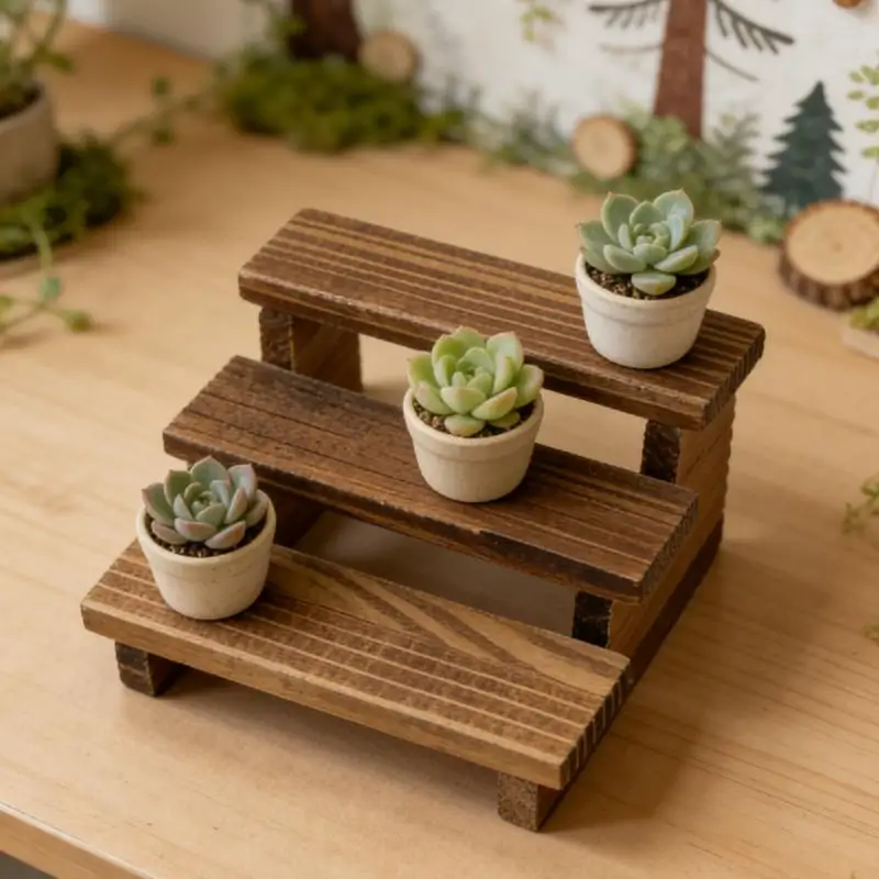2Pcs Dollhouse Simulation Wooden Three-layered Shelf Dollhouse Miniature Garden Flower Stand Model Dolls House Decor Accessories