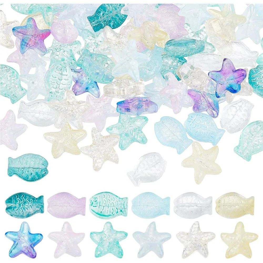 1 Box 120Pcs Fish Beads Starfish Beads Glass Star Bead Sea Animal Loose Spacer Transparent Colorful Bead Small Double Sided