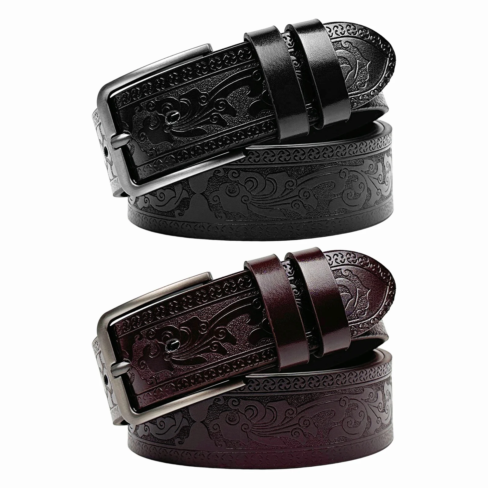Western Cowboy Vintage Embossed Leather Belt – Distressed Tooled Scratch-Resistant Casual Everyday Accessory