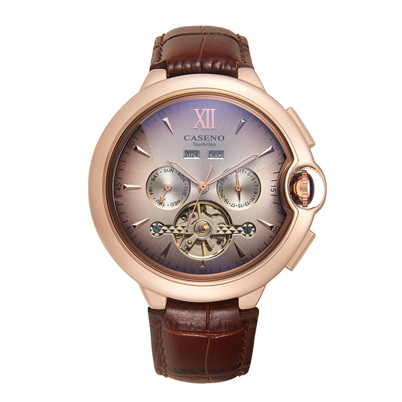 Men Trendy High Quality Automatic Mechanical Watch Luminous Perpetual Calendar Tourbillon Date Day Month Display 46mm Large Dial