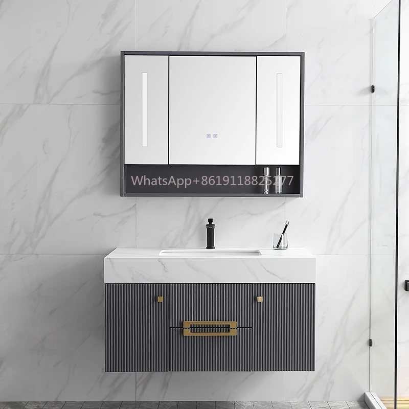 Lavabo con espejo inteligente para colgar en la pared, Armarios de baño de diseño curvo elegante, mármol de Color blanco de lujo de Turquía