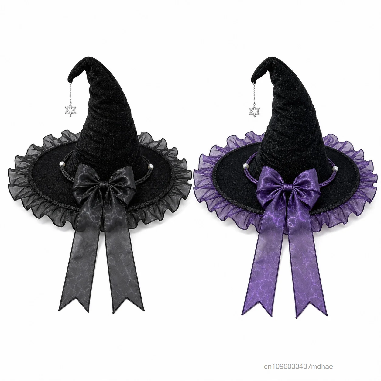 Women Gothic Witch Hat Black Pointed Wizard Cap Purple Lace Trim Star Pendant Halloween Party Cosplay Lolita Costume Props 6