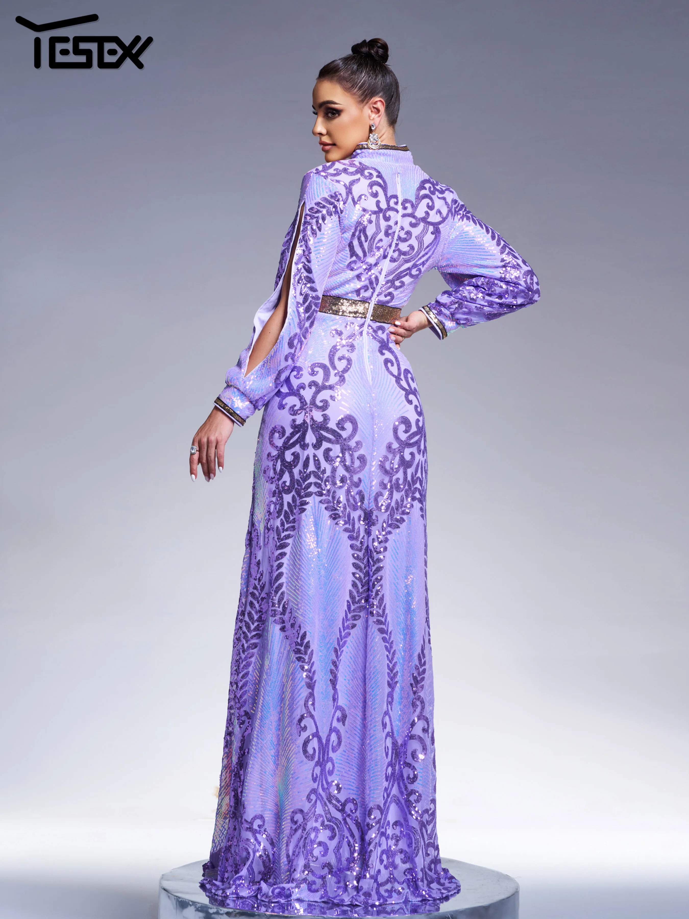 Yesexy New Purple Church Dress V Neck Sequin Evening Gown Muslim Ethnic Prom Wedding Birthday Party Formal Occasion Dresses