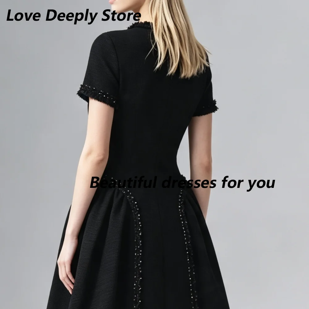 Customized Black Tweed Mother Of The Bride Gown Short Sleeve Keyhole Neck Fringe Crystal Trim Fit And Flare Wedding Guest Dress