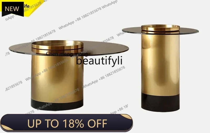 

P178 Light Luxury Metal Craft Stainless Steel Round Coffee Table High and Low Combination Coffee Table High-End Small Apartment