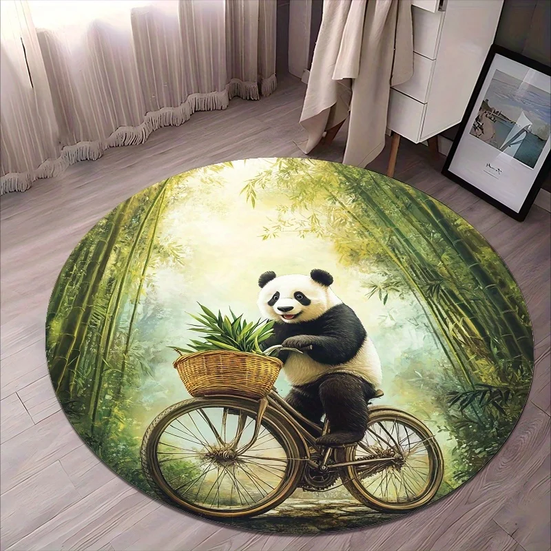 Panda riding a bicycle style Flannel-printed round floor mats are slip-resistant Suitable for living room terrace garden carpets