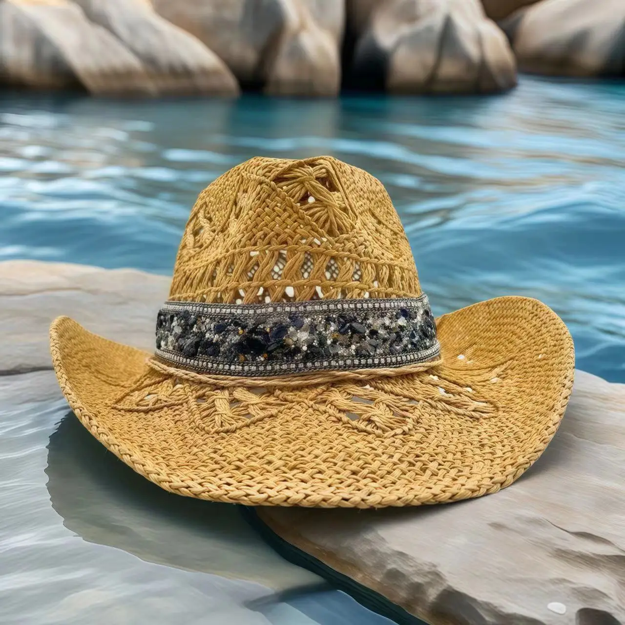 ラインストーンカウボーイハットわらサンハット女性男性用ビーチヴィンテージウエスタンカウガールパーティーサマーフェスティバルカントリーミュージックヘッドウェア