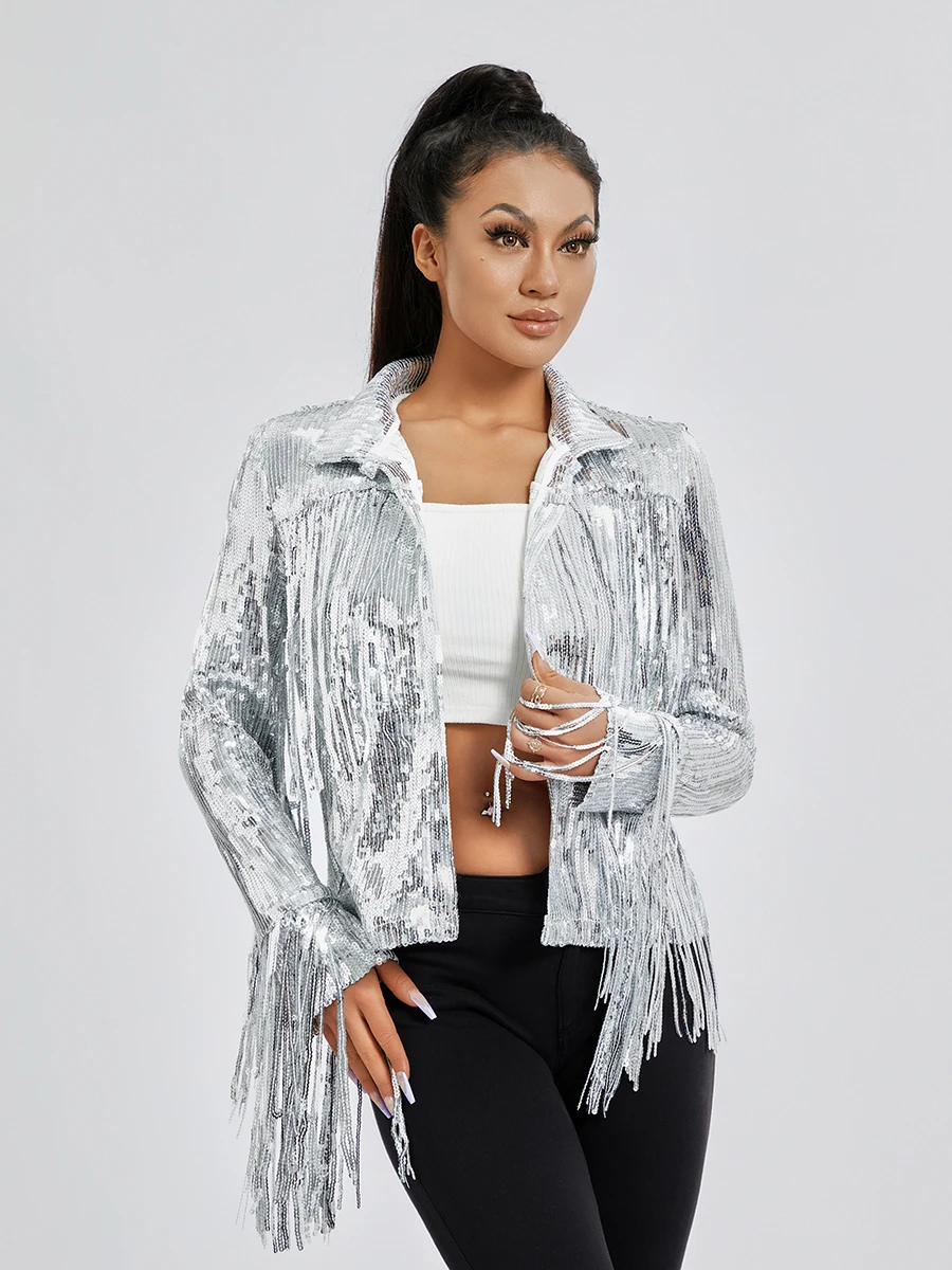 Women's Autumn Winter Solid Color Sequin Party Jackets Sparkly Long Sleeve Open Front Tassel Jackets Blazers Clubwear