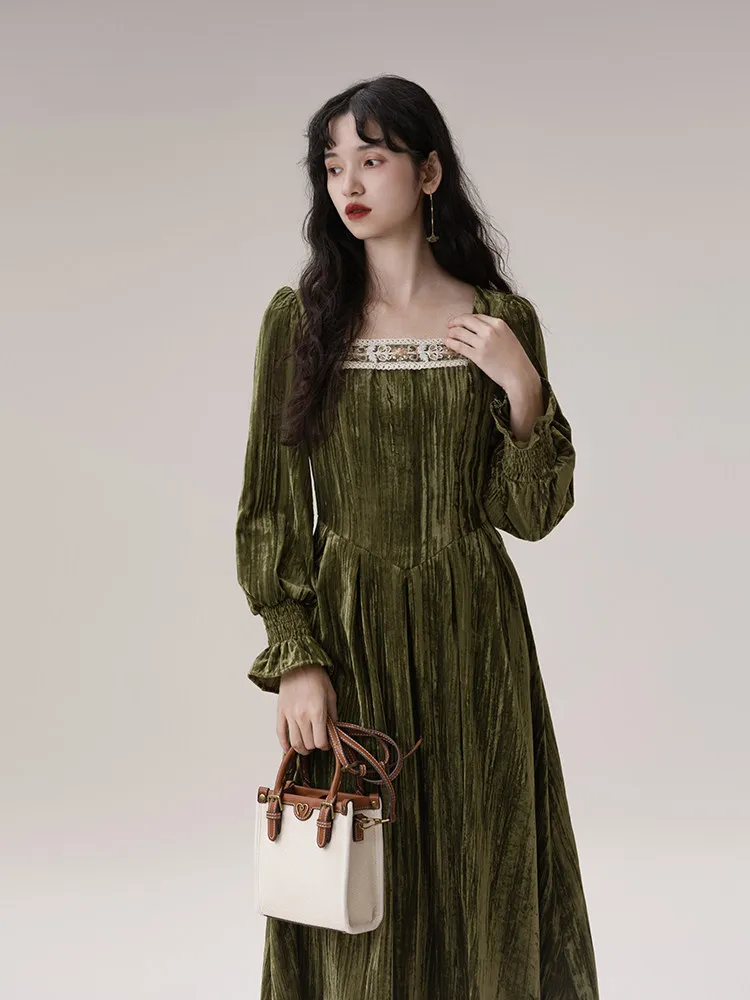 TIYIHAILEY Spring Autumn Women Velvet Dress Full Sleeve Long Mid-Calf Ladies S-L Vintage High Waist 2026 Square Collar Green