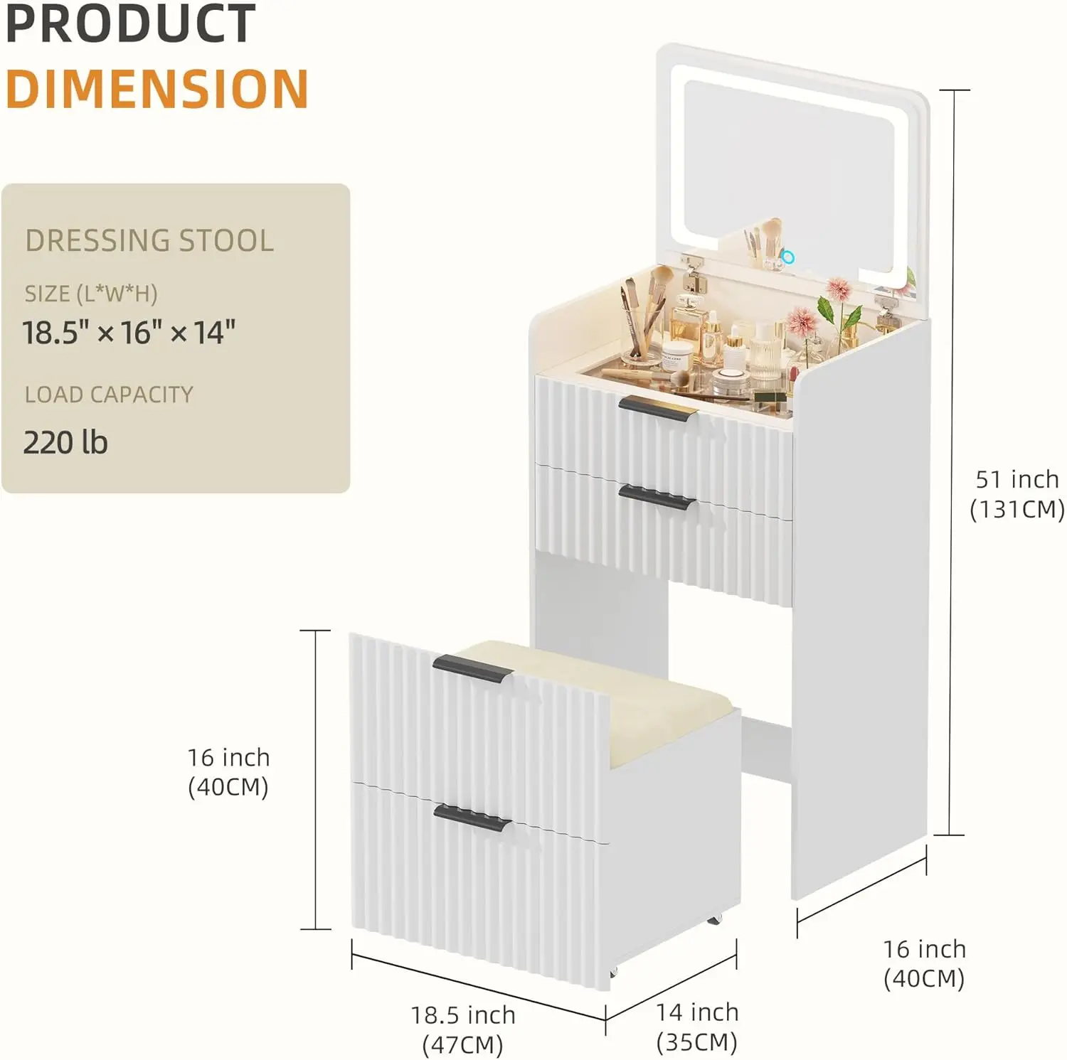 Fluted Small Vanity Desk with Mirror and Lights, 3-in-1 Compact Makeup Vanity Set with Hidden Storage Stool, Mini Dressing Table