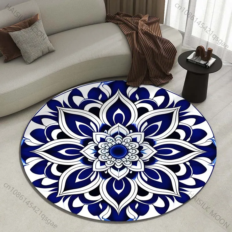Blue and White Mandala Art Design Printed round carpet living room sofa table large pet mat soft round carpet home decor