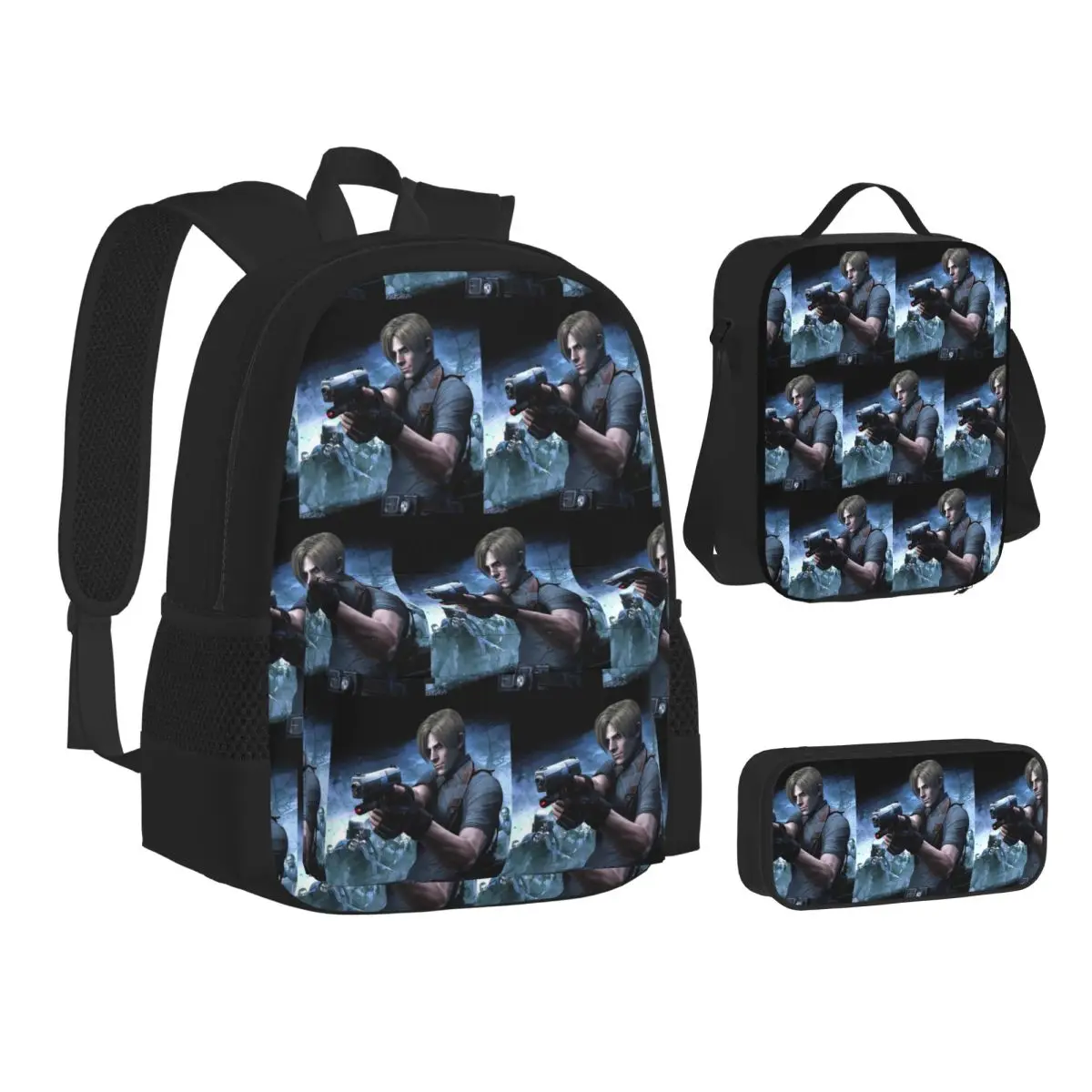 Resident Evils Leon Kennedy Game Backpacks Students Bookbag School Bags Kids Rucksack Lunch Bag Pen Bag Three-Piece Set