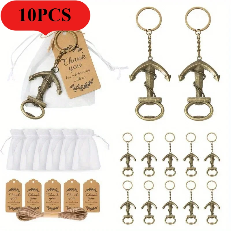 10sets Bottle Opener Anchor Keychain Metal Beer Opener With Organza Bags Tags Strings Baby Shower Party Souven