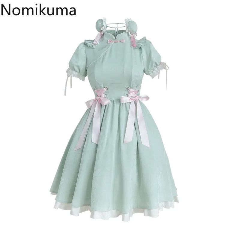 Sweet Woman Dress Lolita Style Vestido Femme Stand Neck Ruffles Summer Robe Femme Fashion Bandage Vintage Chinese Style Dresses