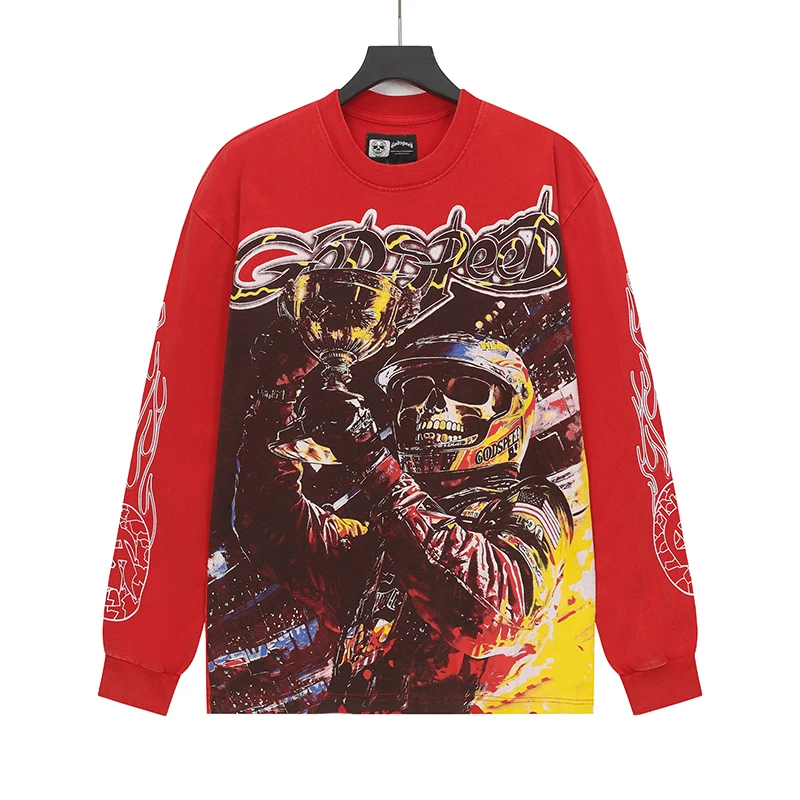 

Классические красные футболки Godspeed с длинными рукавами и надписью «скелет», винтажные старые футболки унисекс на осень и зиму