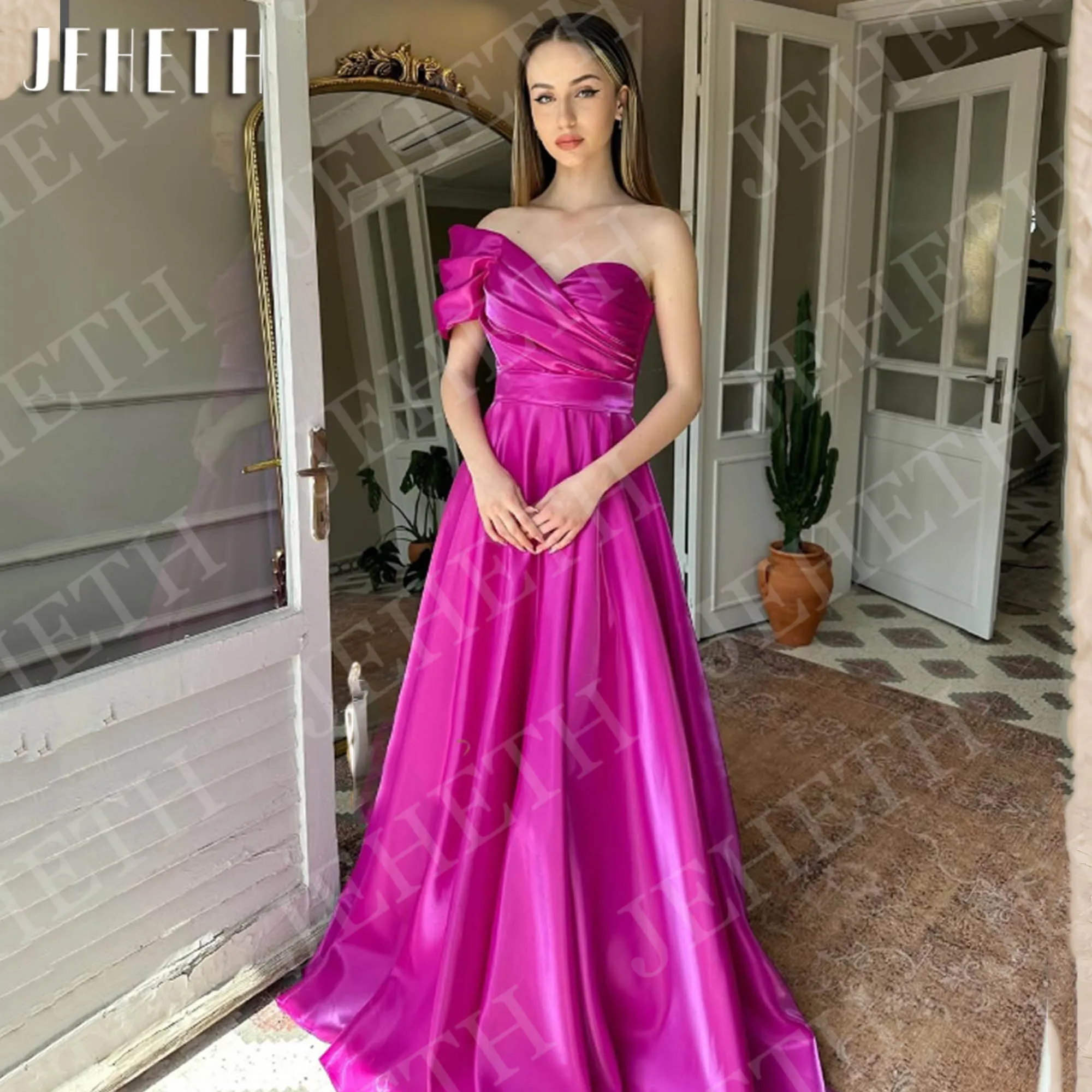 

JEHETH One Shoulder Prom Dresses Long Satin Evening Gowns Elegant A Line Woman Graduation Dress Customized فساتين حفلة موسيقية