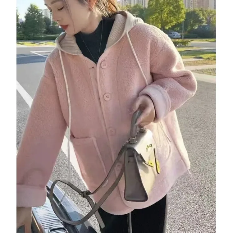 Women's Thiened Lamb Fur Coat Autumn Winter New Sle Loose Slimming Small Size Versatile Long Sve Hooded Jaet