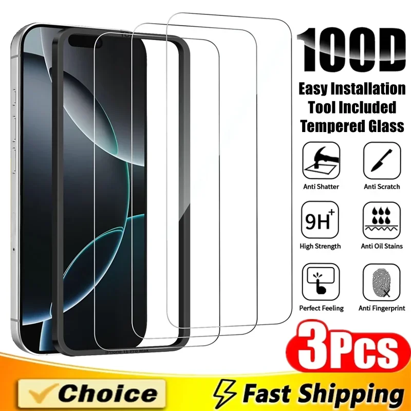 

3Pcs With Easy Installation Tool Included Full Cover Screen Protector For iPhone 15 14 13 16 Pro Max 16 Plus HD Tempered Glass