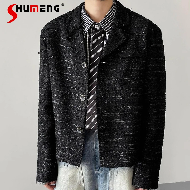 

Men's 2025 Spring Autumn New Fashion Retro High-End Padded Shoulder Small Fragrant Jackets Men's Loose Trendy Suit Collar Coats