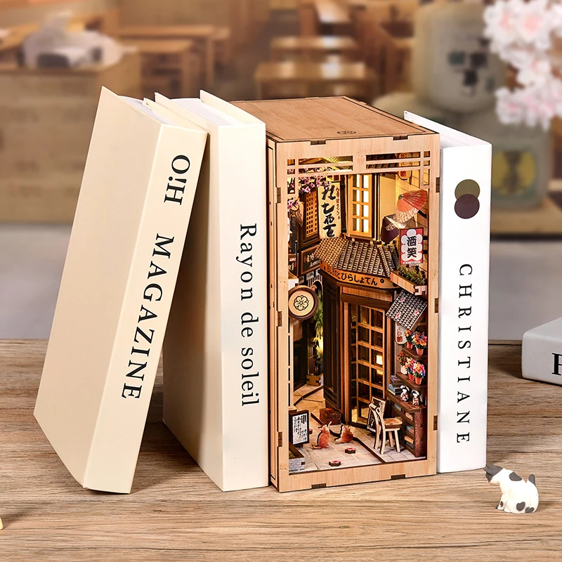 DIY Wooden Japanese Book Nook Shelf Insert Kits Miniature Model Kit The Alley Waiting for the Cat Bookend for Friends Gifts