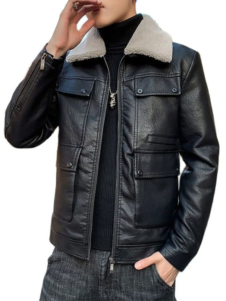 S-4XL New Fleece Thickening Solid Color All-match Korean Style Slim Fit Leisure Handsome Leather Jacket Men\'s Leather Jacket