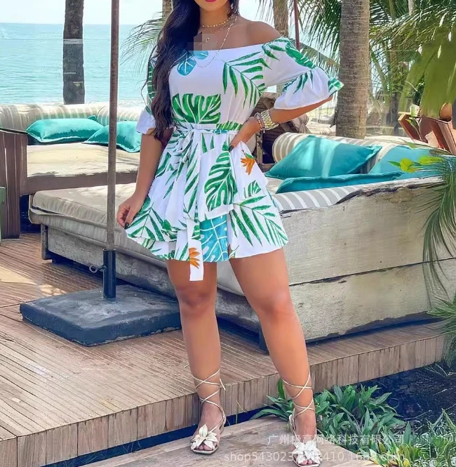 

2024 Summer Fashion New Women's Dress Vacation Casual Plant Print Off Shoulder Ruffle Short Sleeve Tie Details A-Line Dress