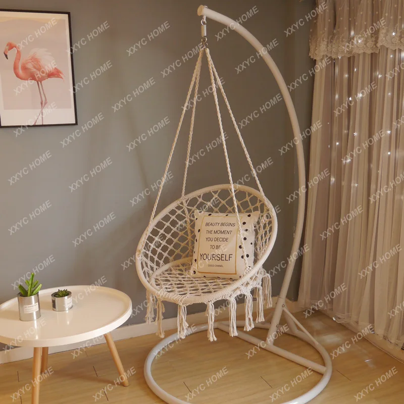 Nordic Style Round Hammock Swing Chair Safety Hanging Hammock Rope Hanging Garden Seat Beige Knitting Rope Swing Balcony Chair