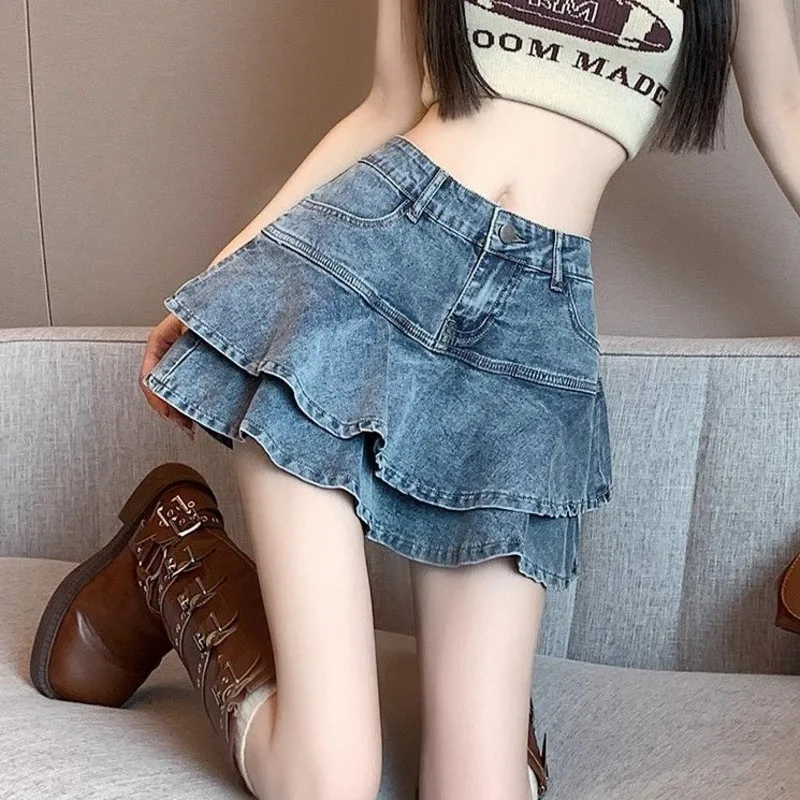 Ruffles Pleated Skirt For Women 2025 Summer New Korean Style High Waist A-Line Short Skirt Fashion Blue Denim Skirt