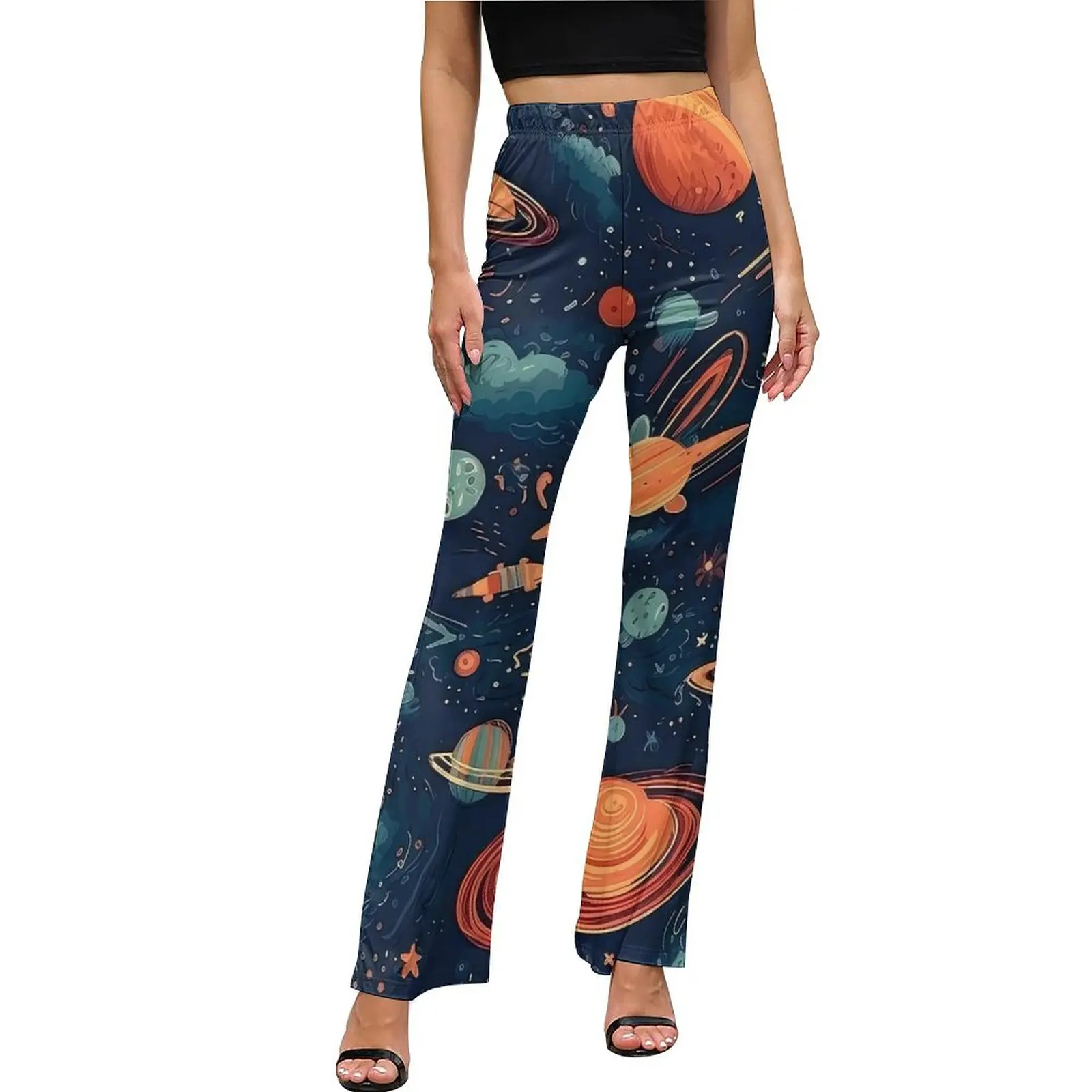 

Space Sketch Casual Pants Woman Cute Planets Stars Slim Streetwear Flared Pants Summer Elegant Graphic Trousers