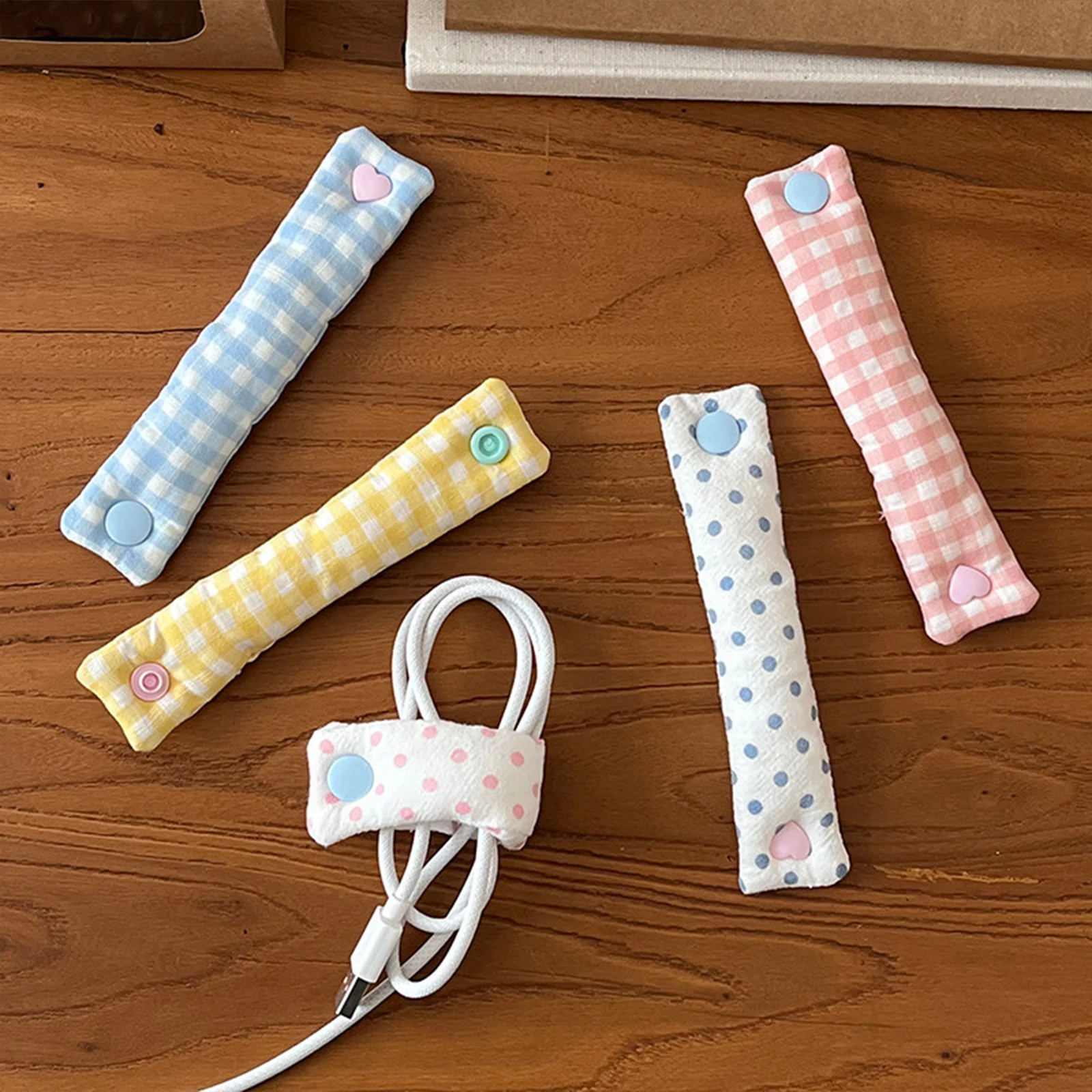 Cable Organizer with Buckle Cord Holder Bow Polka Dot Pattern Charge Cable Winder Fabric Cord Clip Organization for Home Office