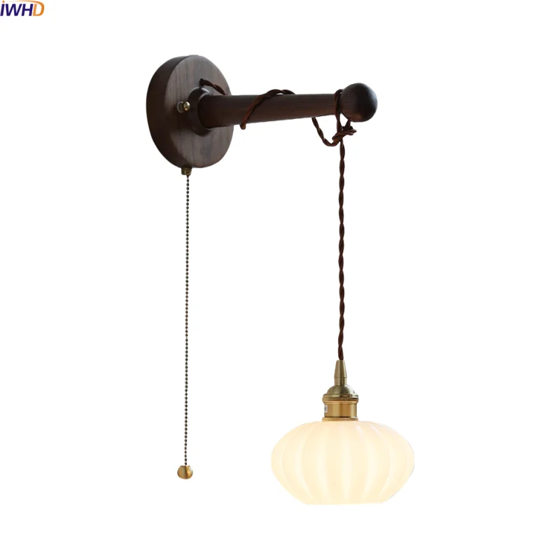

IWHD White Pumpkin Glass LED Wall Light Bathroom Mirror E27 Interior For Home Lighting Fixture Wooden Bedside Lamp Lampara Pared