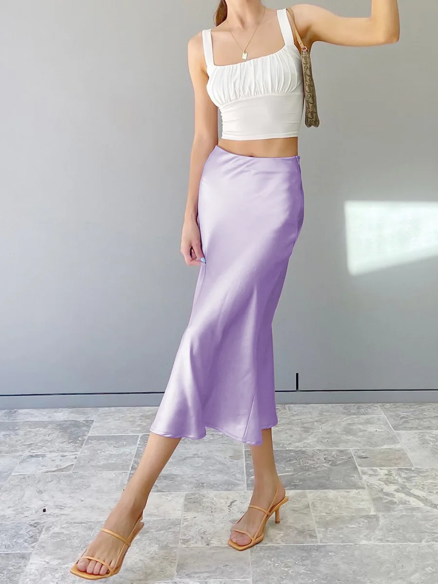 

Women's Purple Satin Drape High Waist Bodycon Midi Skirt Fashion Office Lady Skirt