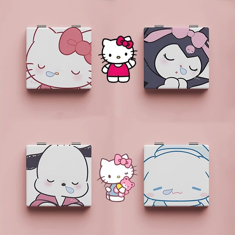 Sanrio Hello Kittys Mirror Kawaii Kuromi My Melody Pochacco Student Make Up Double Sided Folding Mirror Can Enlarged Toy Girls