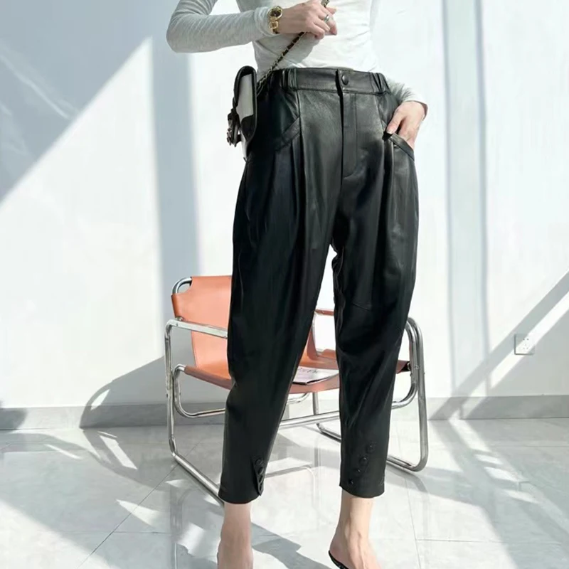 Women Sheepskin Cropped Trousers Imported Tree Grain Leather Pantalon Femme Harem Pants Grande Taille Loose Casual Slim Handsome