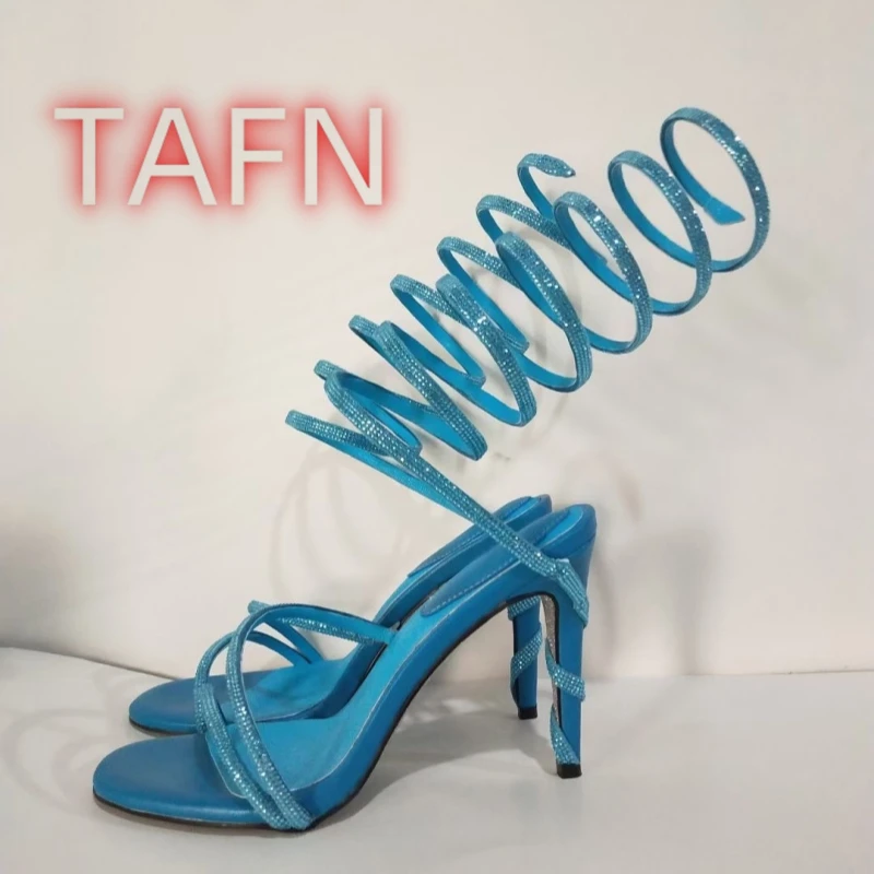 Women Crystal Wrap Sandals Sexy Peep Toe Stiletto Heel Winding Tape Sandals Ladies Fashion Catwalk Party Dress Shoes Big Size 43 - view 3