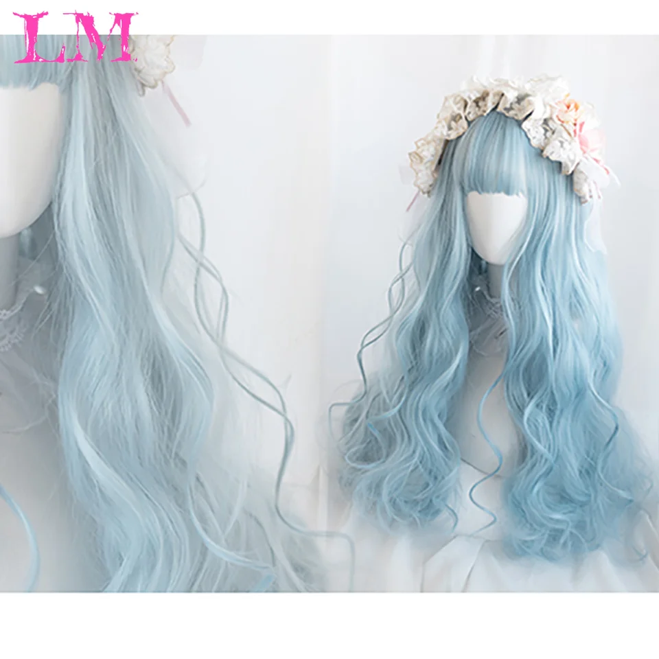 Lm cor azul perucas sintéticas com bang longo natural ondulado peruca de cabelo para uso diário feminino cosplay drag queen resistente ao calor