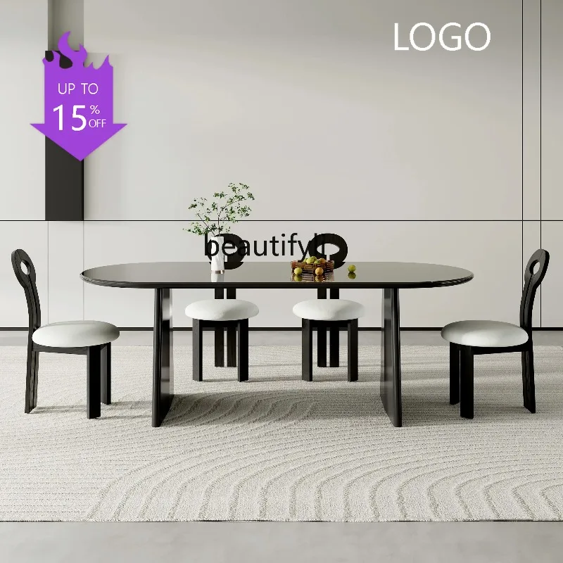 2344  cqyItalian minimalist solid wood dining table oval small apartment French tempered glass long dining table and chair combi