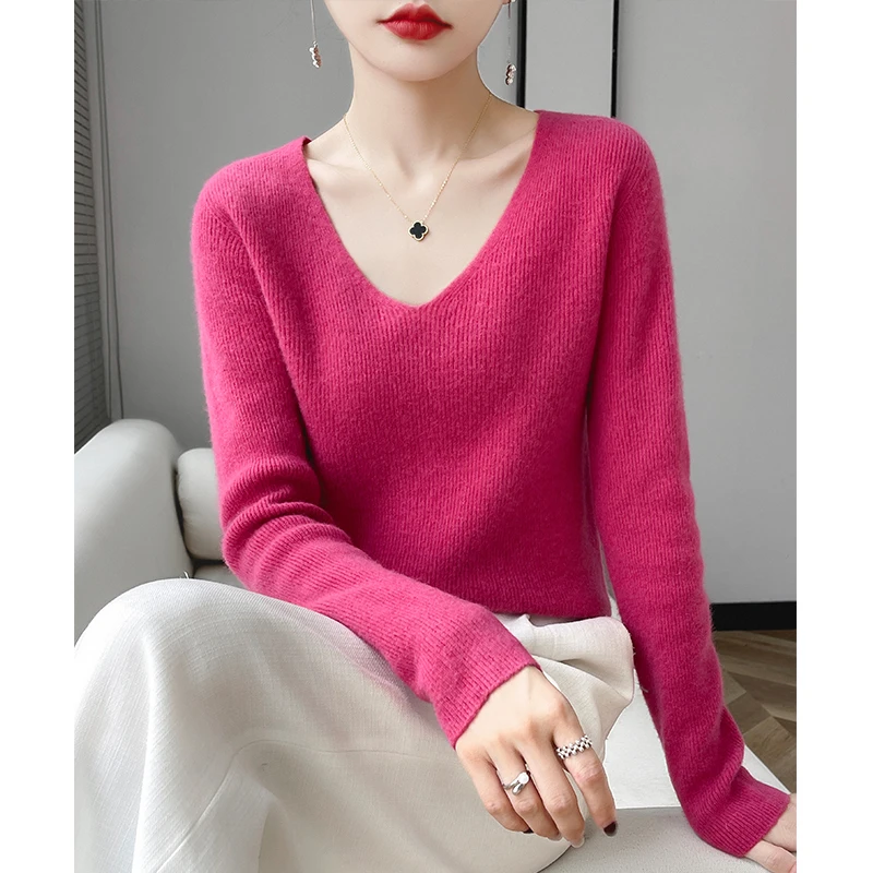 100% pure wool slim quality autumn and winter ladies V-neck sweater women\'s knitted pullover fashion solid color warm top.