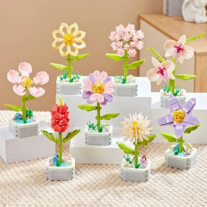 Rose Bouquet Orchid Beautiful Block Flower Succulents Potted Building Blocks Romantic Kit Assembly Building Toy girl gift